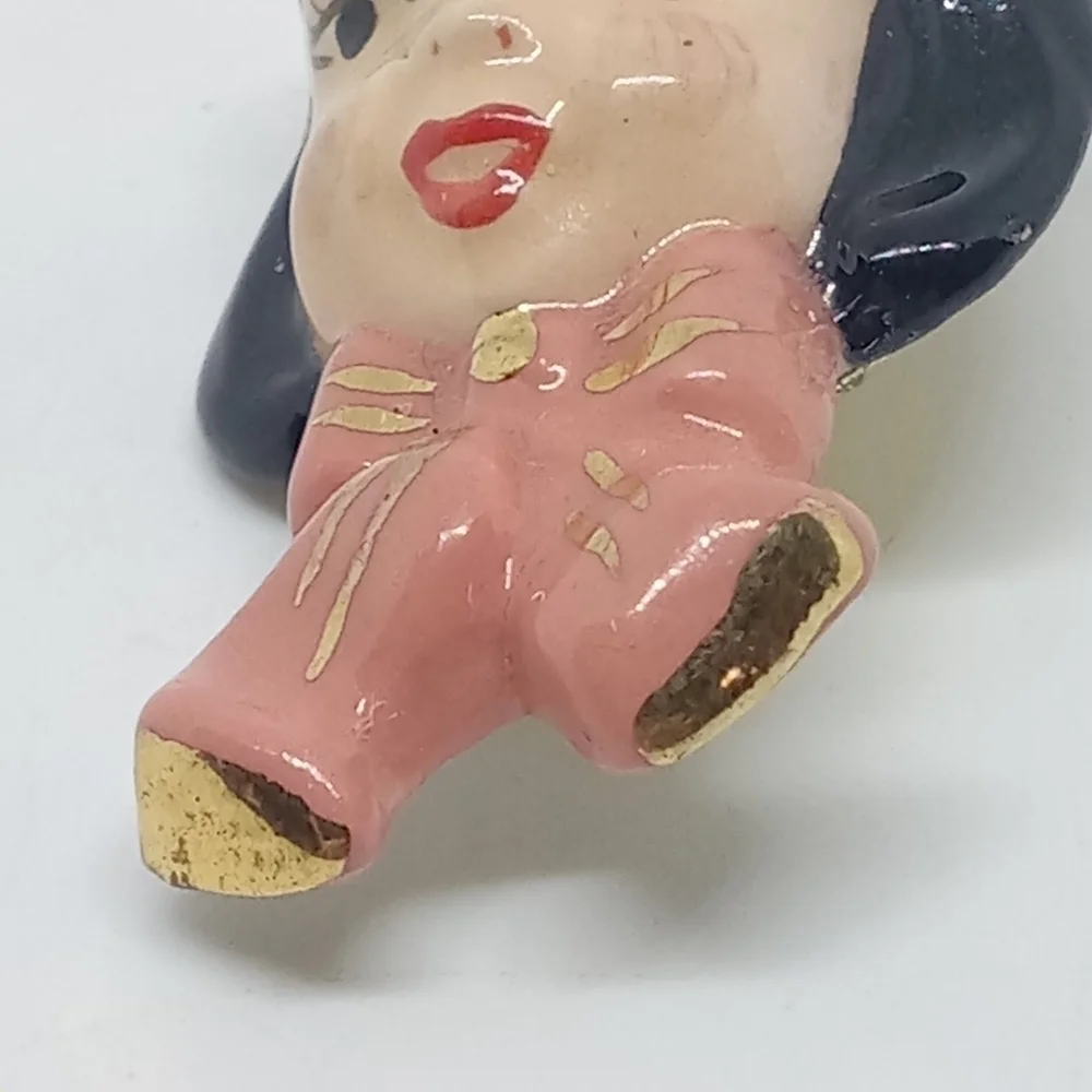 * vintage MCM ceramic pink & gold Elf Pixie Girl pin brooch